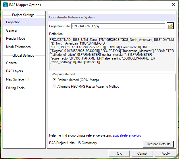 spatial reference projection file hec ras