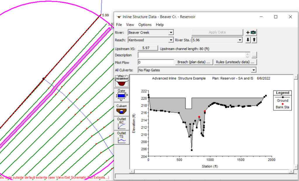 Modeling Reservoir and Dam in 1D HECRAS by Storage Area and Inline